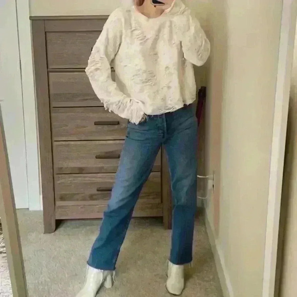 IRO Jeans Sudami Distressed Pullover Crew Neck Cropped Sweater Cream Beige Small - Picture 5 of 15